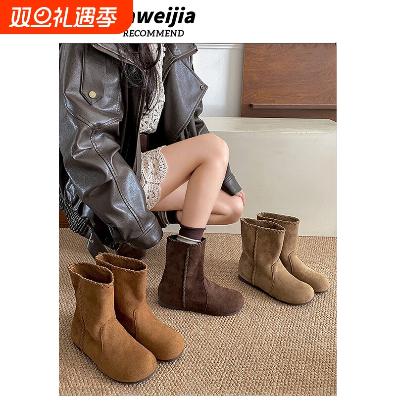 南在南方美棕色平底靴子女2025新款秋季百搭软底勃肯短靴内增高