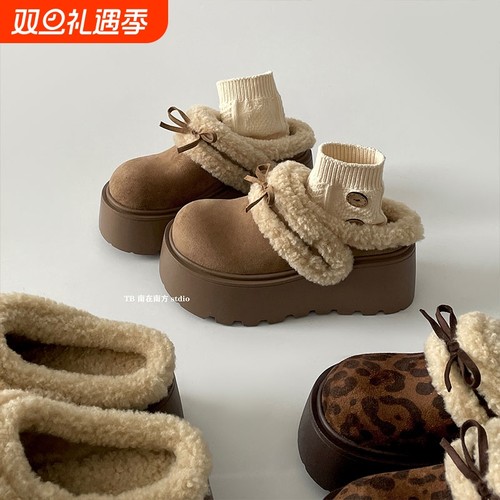 增高厚底加绒半拖勃肯鞋女2025新款冬季两穿加厚保暖毛毛棉拖鞋子