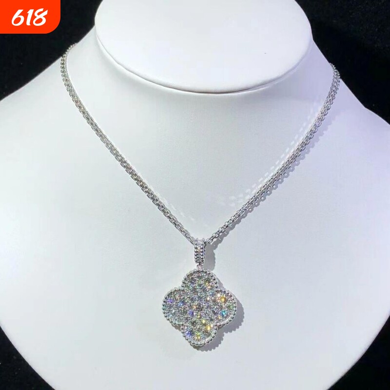 超闪白金品质满钻幸运草项链锁骨链952银不过敏925银金色纯银