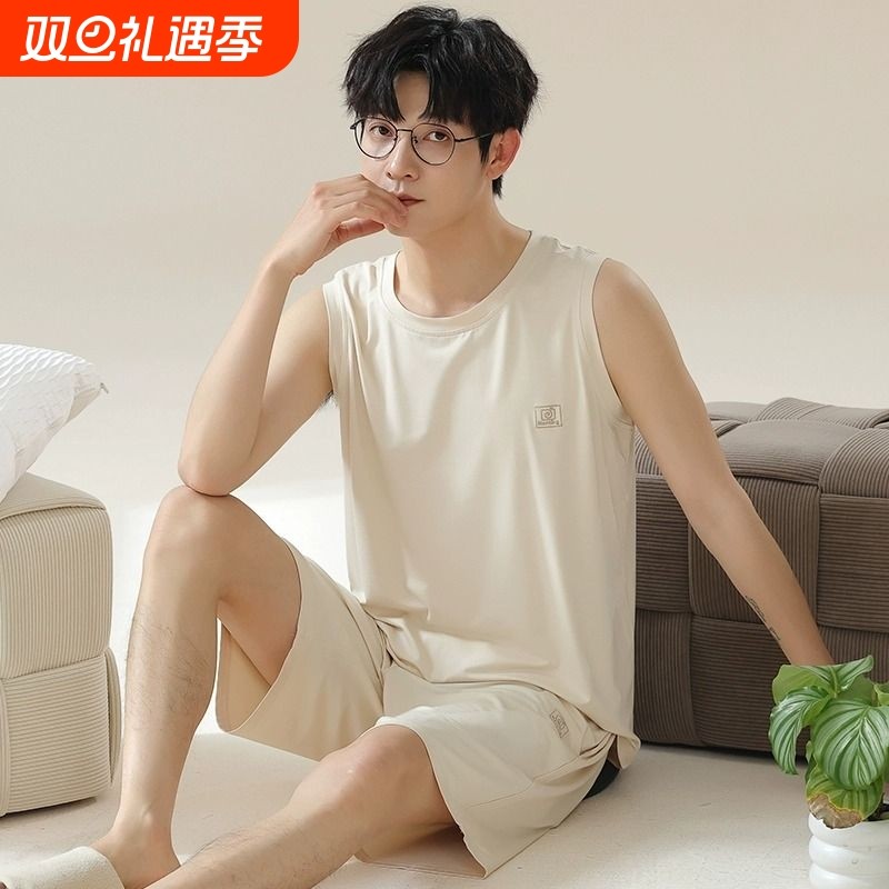 帕兰朵莫代尔睡衣男士夏季无袖夏天棉绸背心大码男款家居服套装