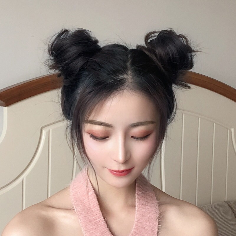 双丸子头假发圈假发女花苞头盘发器蓬松自然猫耳抓夹假发包头饰