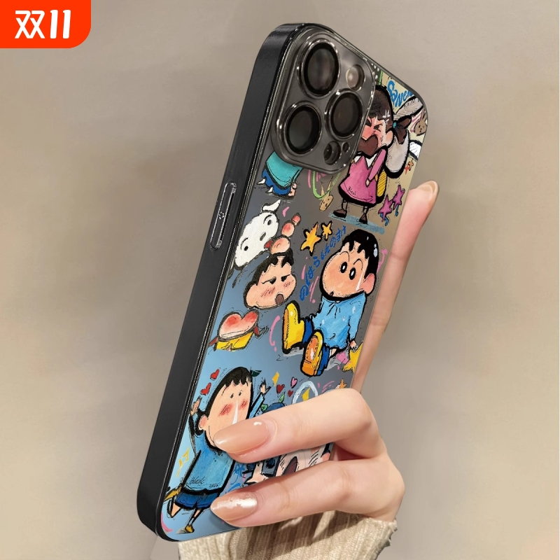 苹果动漫新款小新适用iPhone16promax手机壳卡通15涂鸦14pro高级感13pro小众12女13电镀镜面16全包防摔保护套