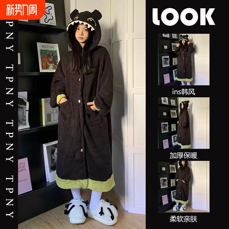 无牙仔睡袍情侣珊瑚绒卡通加厚加绒情侣款家居服套装冬季可外穿