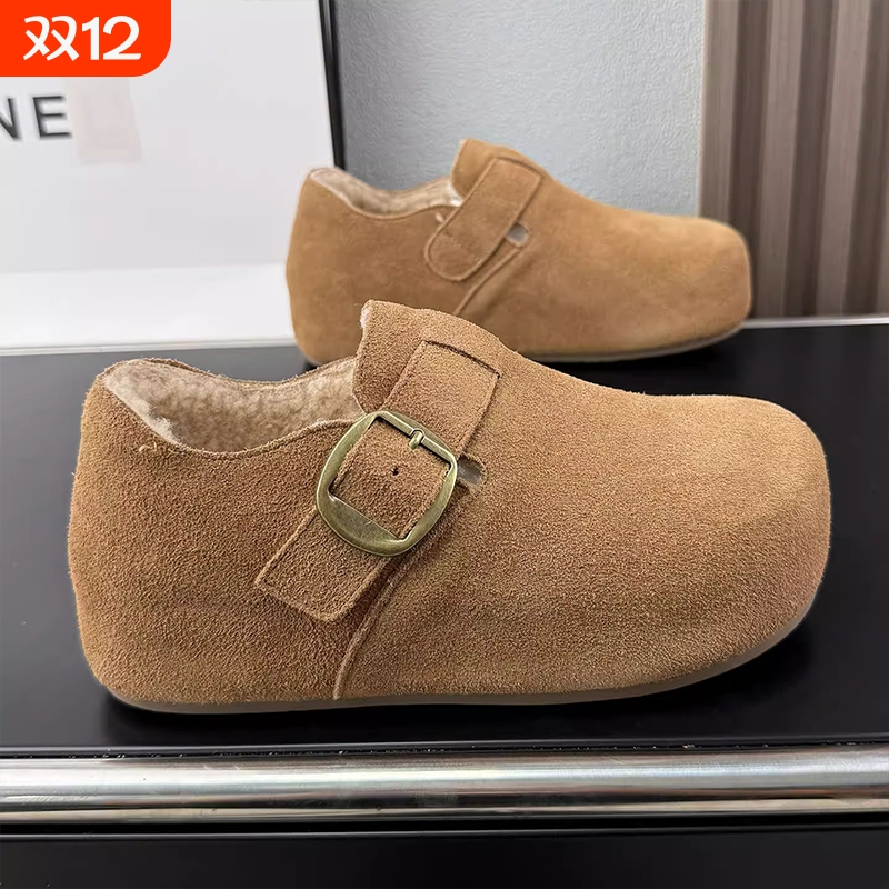 欧货冬季加绒勃肯鞋全包厚底绝美民族风2025新款毛毛内增高博肯鞋