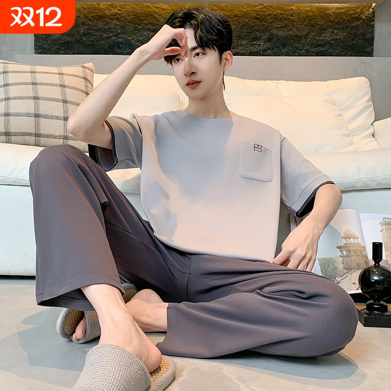 帕兰朵短袖长裤纯棉睡衣男款夏天大码套装可外穿夏季家居服男士