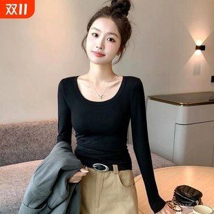 上衣 洋气紧身纯棉长袖 黑色打底衫 圆领正肩低领女内搭2025秋冬新款