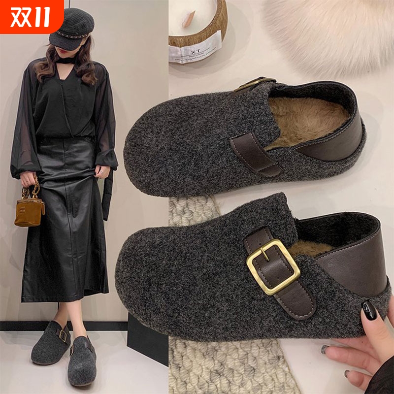厚底全包勃肯鞋女2025年秋冬新款两穿加绒保暖雪地靴毛毛棉鞋灰色