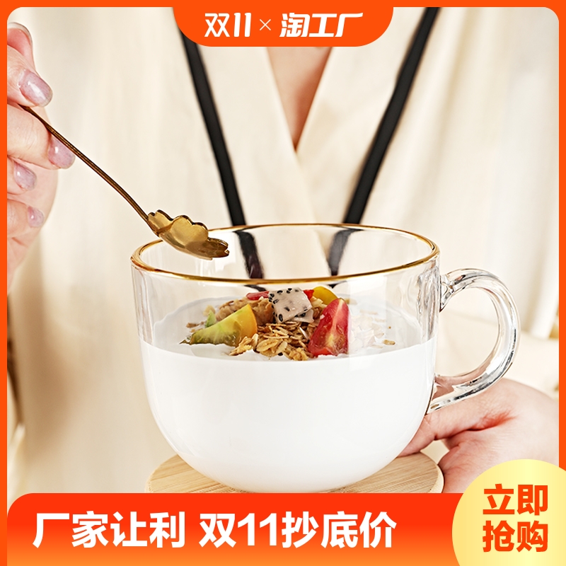 早餐杯子大容量玻璃杯燕麦片家用女牛奶杯带盖勺碗水杯带把咖啡杯