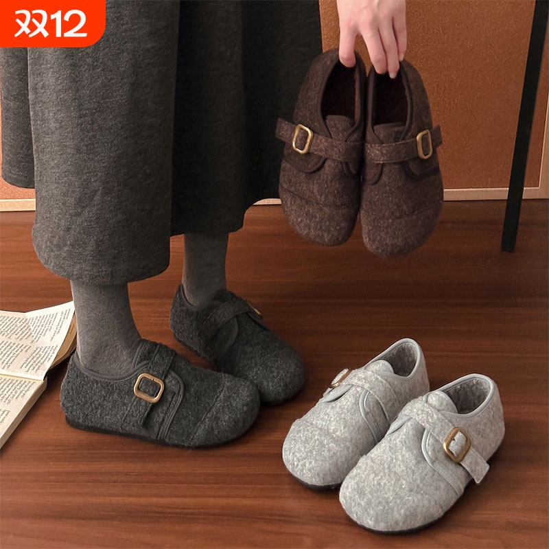 灰色毛毛鞋女外穿2025秋冬新款呢子软底加绒棉勃肯鞋子内增高毛绒