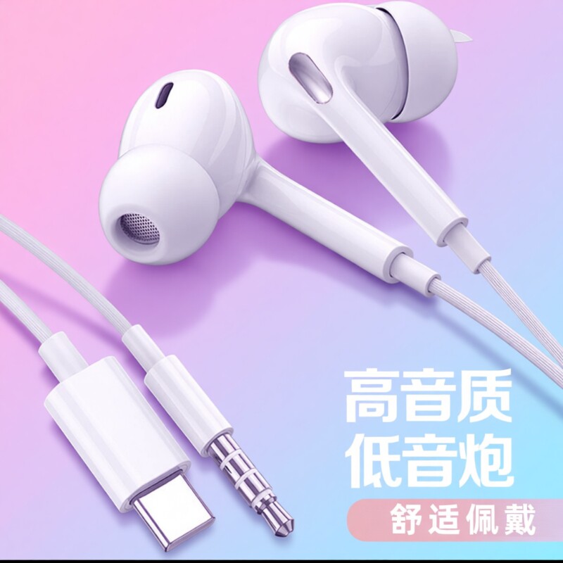 手机耳机有线入耳式重低音圆口Type-c通用适用于小米opoo华为vivo