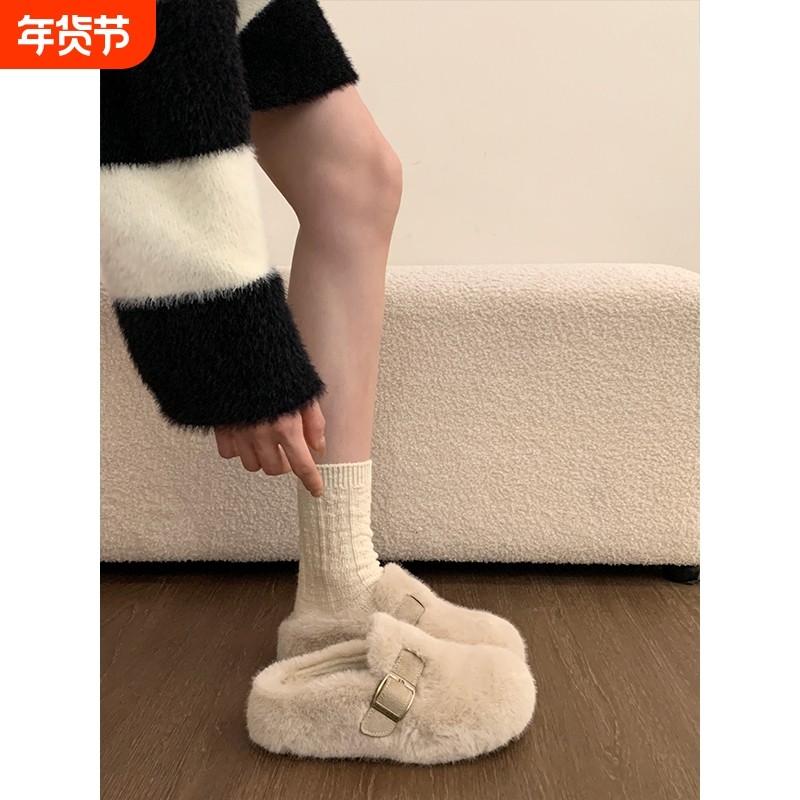兔毛巨好看厚底勃肯鞋毛毛拖鞋包头半拖女外穿2025新款冬季棉拖鞋,女鞋,包头拖,淘宝优惠券,粉丝福利购,淘宝优惠卷