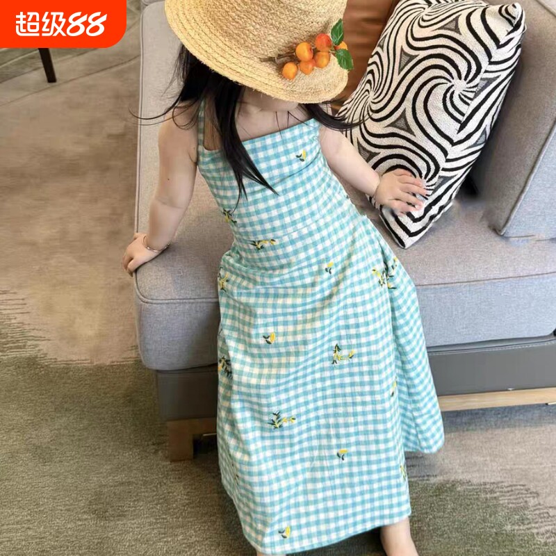 女宝宝夏季格子印花连衣裙女童夏装露背长裙子儿童装韩系吊带裙