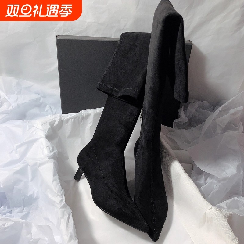 冬季靴子瘦瘦靴女猫跟大码长靴尖头细跟过膝靴绒面黑色高筒洋气