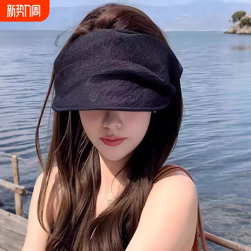 2026新款网纱帽子褶皱黑色空顶防晒帽女夏季防晒遮阳帽出游太阳帽