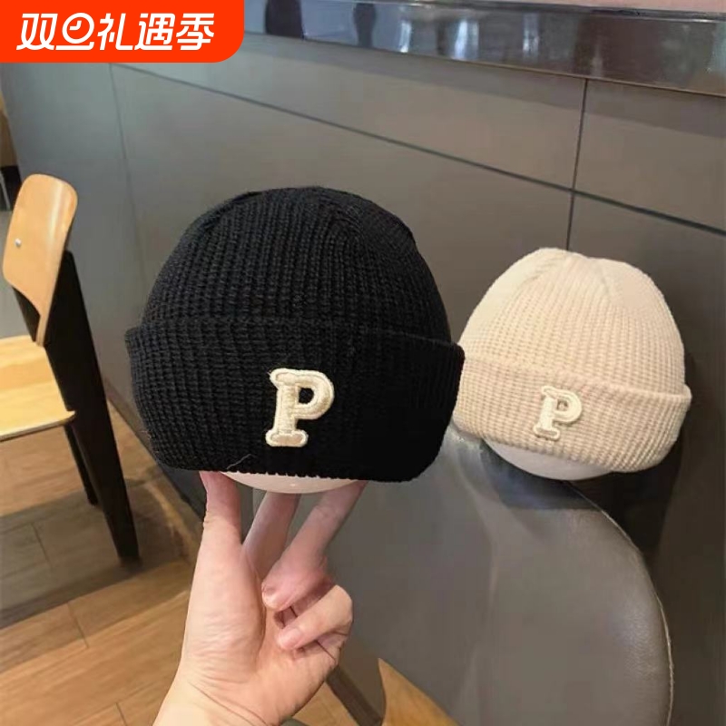 ns韩版宝宝保暖男女毛线帽子百搭冬季P字母纯色加厚防风
