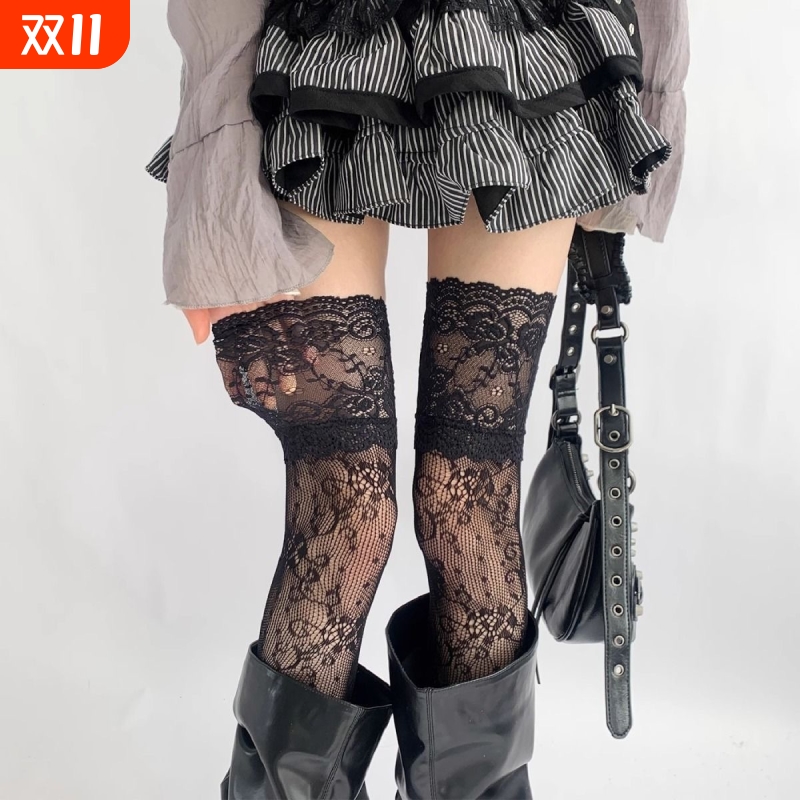 纯欲花边蕾丝丝袜女性感美腿黑丝网袜长筒过膝y2k半截大腿袜秋款