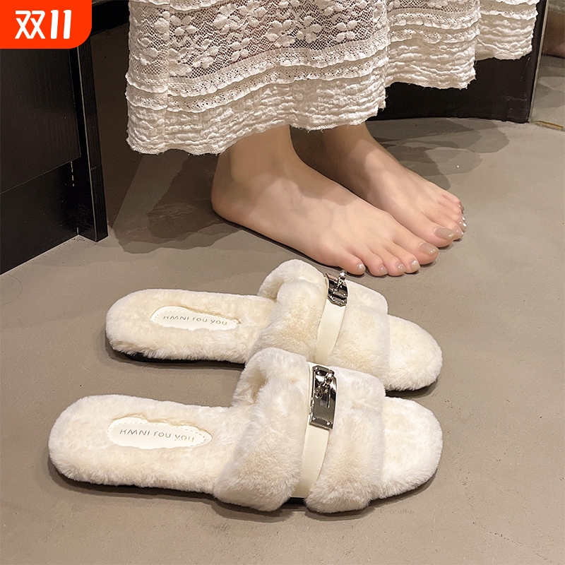 同款毛毛拖鞋女外穿秋冬季平底棉拖鞋潮毛绒时尚百搭黑色粉色防滑