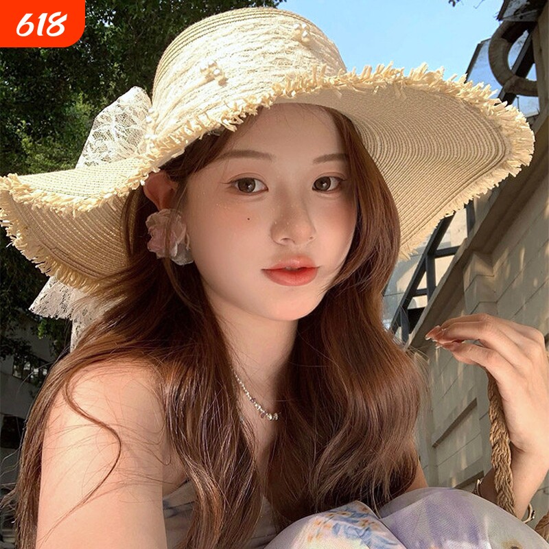 蕾丝蝴蝶结大帽檐遮阳草帽女夏季2026防晒帽海边度假沙滩帽子旅游