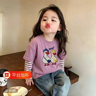 女童秋装纯棉条纹假两件T恤长袖打底衫儿童秋季上衣秋衣外穿童装