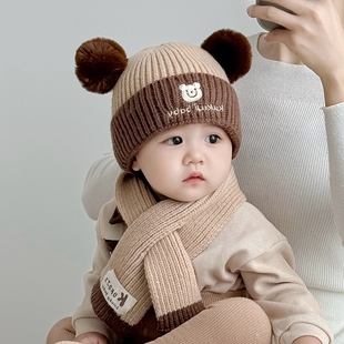新款宝宝帽子围巾两件套可爱超萌小熊毛线帽秋冬季保暖婴儿防风帽