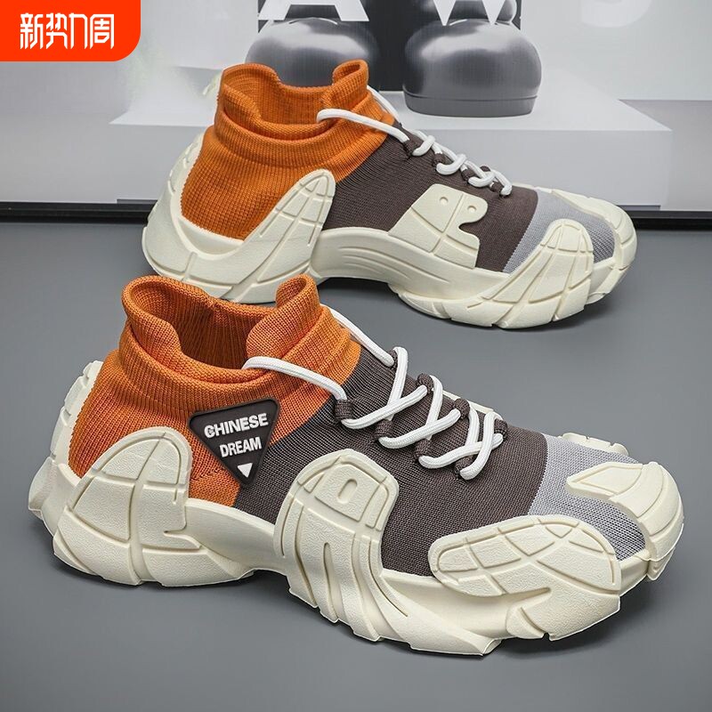新款爆款男鞋2026新款春季潮流百搭休闲鞋厚底耐磨飞织透气袜子鞋