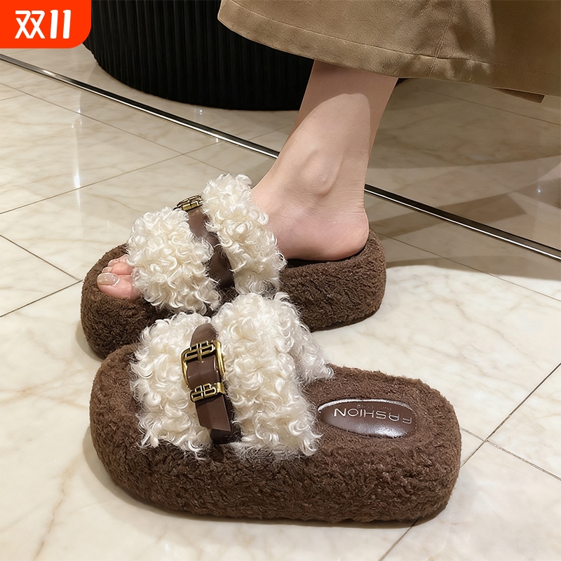 百搭厚底毛毛拖鞋女外穿2025秋季新款毛毛拖女鞋黑色防滑卡其色