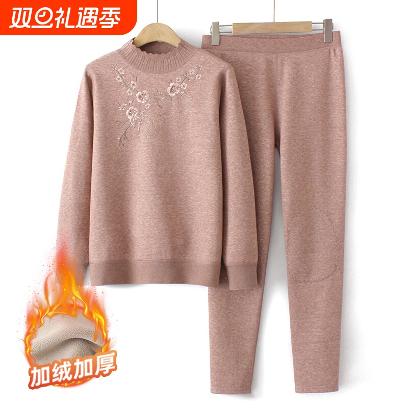中老年人冬季保暖内衣两件套装老人女款秋冬加绒加厚妈妈刺绣上衣