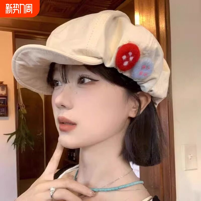 花朵镂空贝雷帽女夏季百搭薄钩花蓓蕾画家帽日系复古显脸小帽子