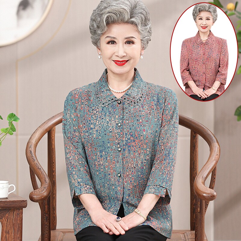 中年妈妈夏装衬衫女洋气中老年人奶奶装衬衣七分袖上衣老太太衣服