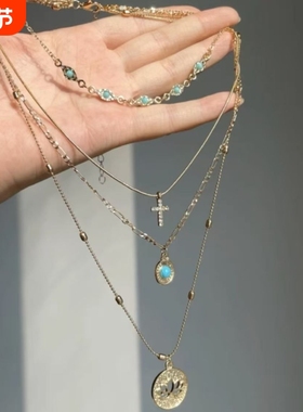 「biu boom」复古镂空花朵十字架项链甜酷风高级感多层叠戴锁骨链