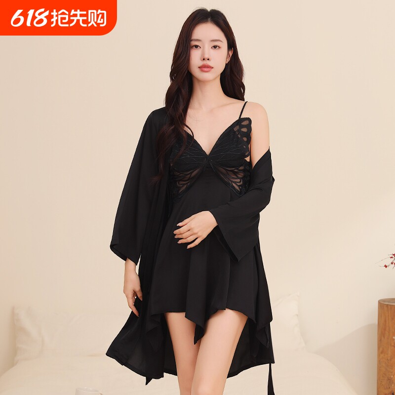 俞兆林性感睡衣女款夏季冰丝带胸垫吊带睡裙家居服套装蕾丝黑色