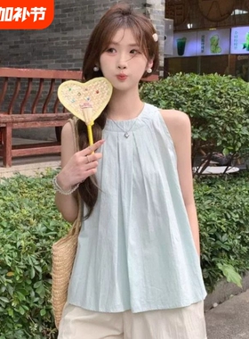 薄荷曼波风挂脖背心无袖上衣女T恤夏季设计感小众娃娃衫外穿黑色