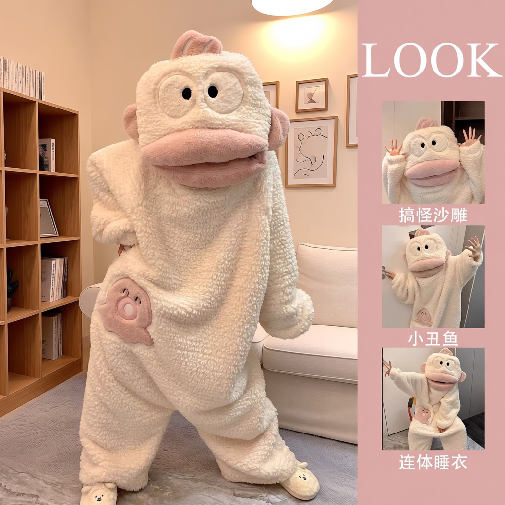 白色汉顿丑鱼睡衣连体珊瑚绒