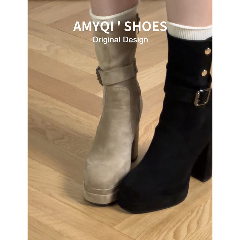 韩系显瘦防水台厚底高跟短靴女2025新款秋冬加绒粗跟弹力瘦瘦靴子