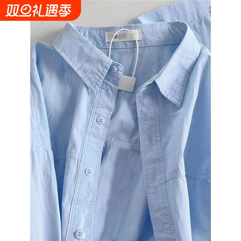 大码长袖纯棉衬衫女别致2025春秋装夏季新款蓝色宽松上衣衬衣外套