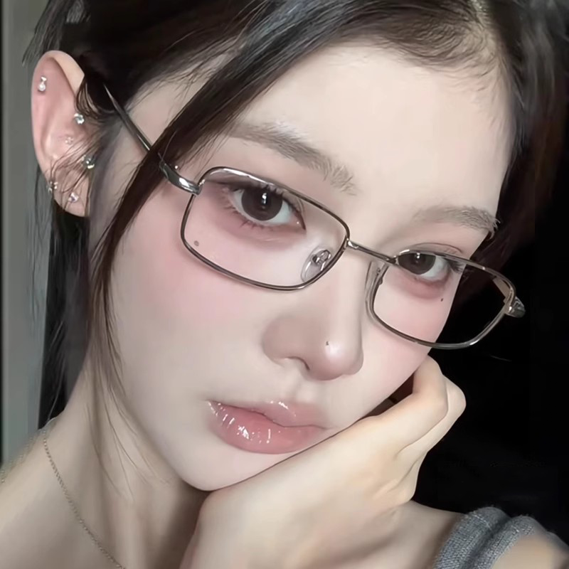 日系银色方框平光眼镜女高智姐时髦装饰金属眼镜架小脸防蓝光近视