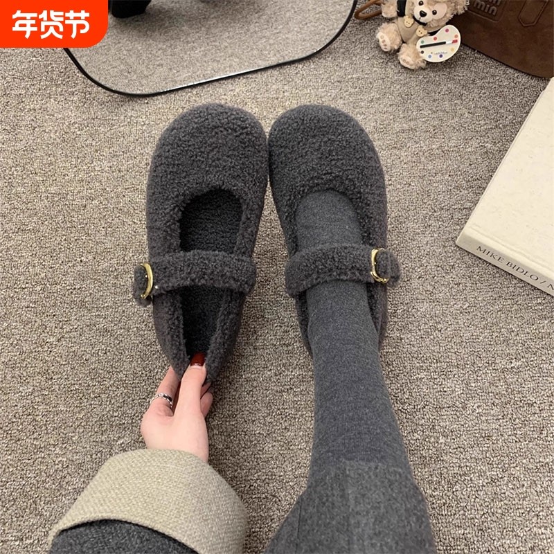 灰色玛丽珍毛毛鞋女冬外穿新款韩版呢子单鞋女平底加绒保暖棉鞋子,女鞋,浅口单鞋,淘宝优惠券,粉丝福利购,淘宝优惠卷