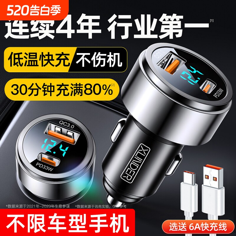 新款车载充电器120w超级快充汽车点烟器转换插头一拖二用手机us