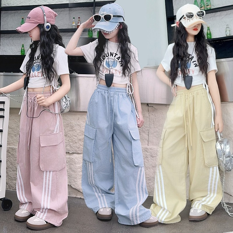 女童工装裤套装2025新款女大童夏季休闲阔腿裤穿搭儿童街舞裤子