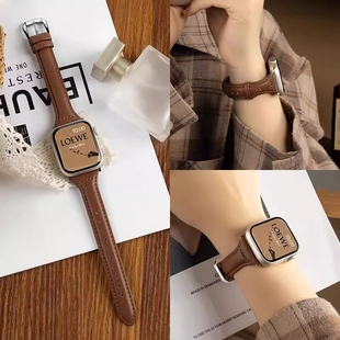 适用苹果iWatchs10手表表带applewatch9/8/7se夏天高级感真皮质腕带复古透气男女红色棕色粉色黑色紫色绿色