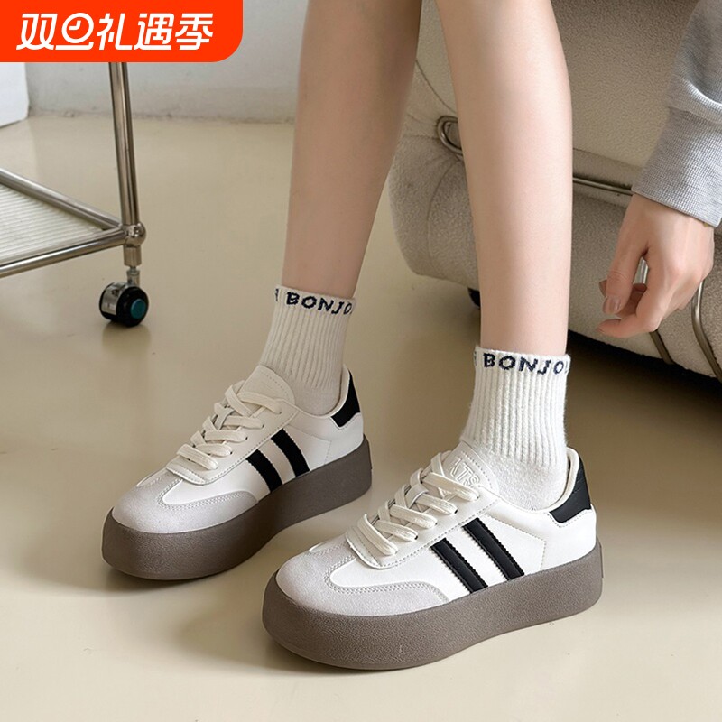 春秋德训鞋女鞋2025新款秋冬季厚底小白鞋复古阿甘鞋休闲运动板鞋