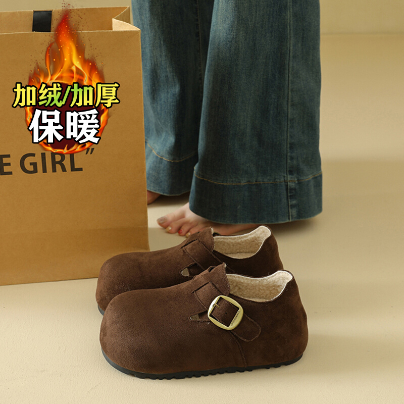 真皮内增高加绒勃肯鞋女2025秋冬新款圆头丑萌一脚蹬复古雪地棉鞋
