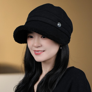 可挂口罩帽子女秋冬保暖2025新款 显脸小加绒宽檐马术帽鸭舌帽 时尚