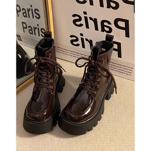 英伦风马丁靴女2025新款 短筒单靴短靴复古厚底粗跟亮面靴子 秋冬季