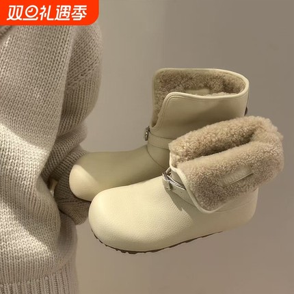 H55女鞋小熊领结2025冬季新款皮面两穿加绒棉里防滑保暖雪地靴