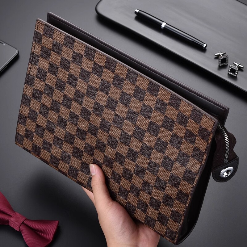 大容量手包男信封包手抓包软皮商务手拿包男款高档潮格纹办公包