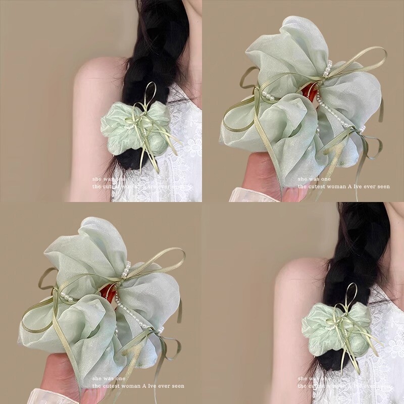 珍珠蝴蝶结大肠发圈女高级感扎头头绳绿色森系发绳麻花辫发饰超大