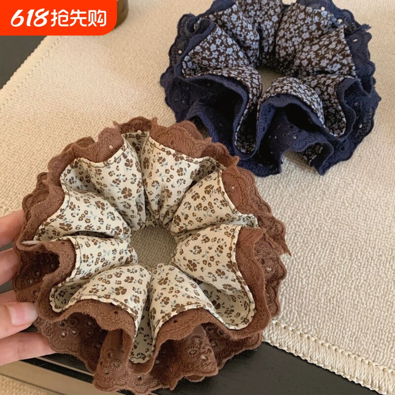 韩国森系碎花蕾丝大肠发圈女超大丸子头马尾头绳气质头饰花朵韩系