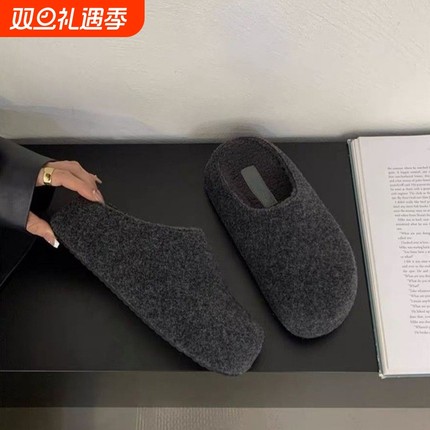 灰色毛呢复古内增高5cm勃肯鞋女厚底小土豆加绒保暖包头毛毛拖鞋