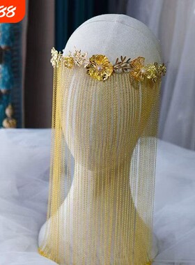 汉服古装金色面帘新娘凤冠霞帔奢华复古发饰结婚秀禾龙凤褂配饰